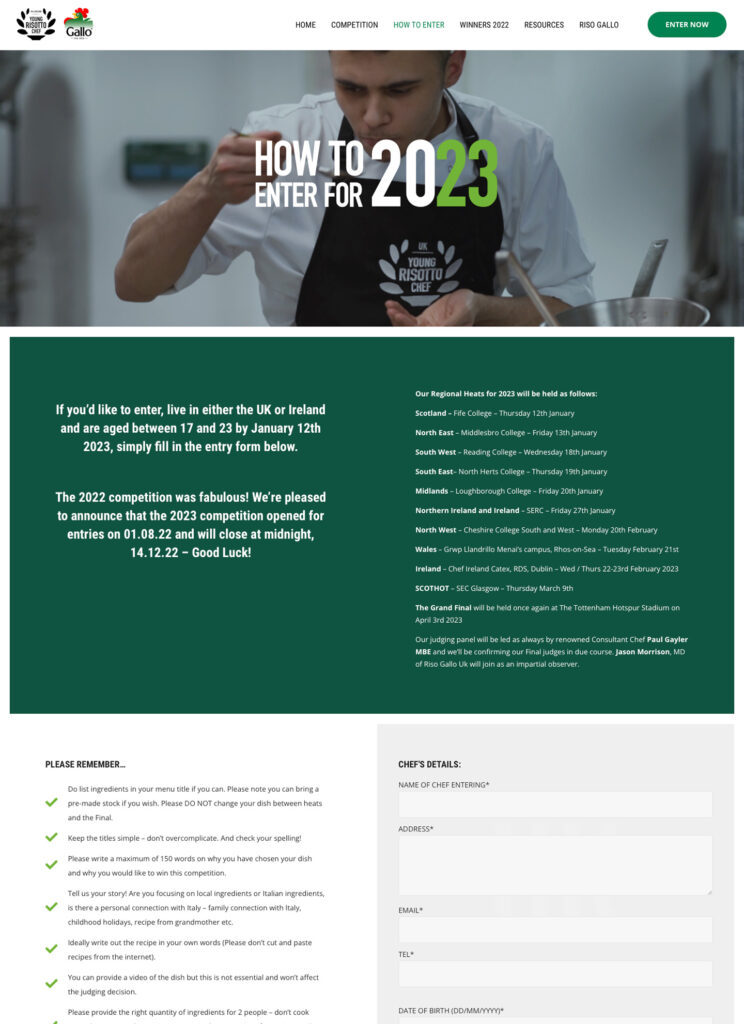 Young Risotto Chef - entry form website page